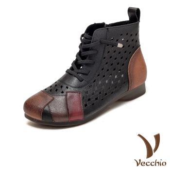 【VECCHIO】短靴 休閒短靴 /真皮頭層牛皮縷空復古編繩色塊造型休閒短靴 黑