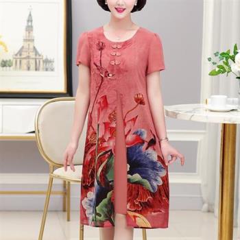 【韓國K.W.】假二件式真絲質感定位印花中國領洋裝