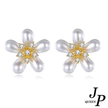 【Jpqueen】天然淡水珍珠花朵閃亮鋯石耳環(白金色)