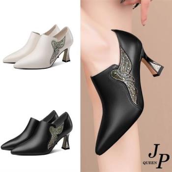 【JP Queen New York】美麗精靈尖頭雙層牛皮鑽跟短裸靴鞋(2色可選)