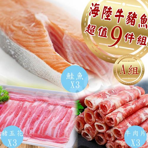 【賣魚的家】海陸牛豬魚超值9件組 (牛肉片*3+豬五花*+魚片*3 )
