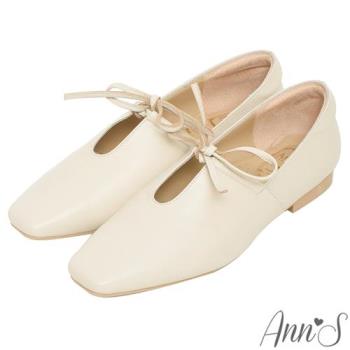 Ann’S超柔軟綿羊皮-芭蕾蝴蝶結2.0顯瘦小方頭平底便鞋-米白