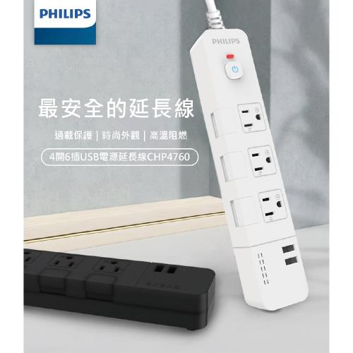 【Philips 飛利浦】4切6座+雙USB延長線 1.8M 兩色可選-CHP4760