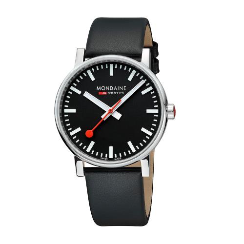  MONDAINE 瑞士國鐵 evo2 時光走廊腕錶 黑面皮錶帶 / 43120LB / 43mm
