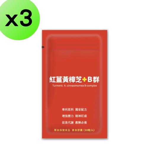 【3入組】紅薑黃樟芝+B群膠囊30粒 應酬 專利配方 牛樟芝子實體 紅薑黃 酵母B群 B群 增強體力 
