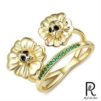 【RJ New York】骷髏之花綠晶龐克設計嘻哈戒指(金色戒圍可選)