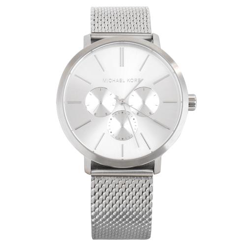 Michael Kors- 42mm時尚三眼指針錶網狀鋼帶石英男錶(銀)
