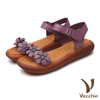 【Vecchio】涼鞋 厚底涼鞋/真皮頭層牛皮一字帶小花厚底涼鞋 紫