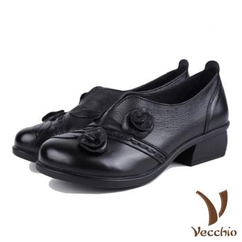 【Vecchio】跟鞋 粗跟鞋/真皮頭層牛皮手工立體花朵縫線造型軟底粗跟鞋 黑