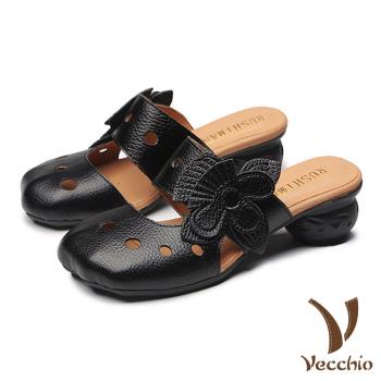 【Vecchio】拖鞋 低跟拖鞋/真皮頭層牛皮寬楦方頭立體花朵一字帶低跟拖鞋 黑