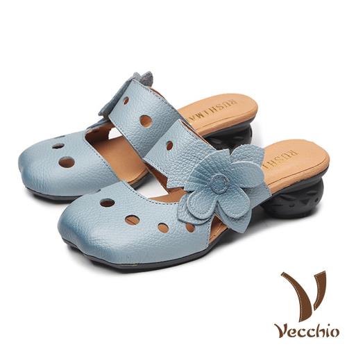 【Vecchio】拖鞋 低跟拖鞋/真皮頭層牛皮寬楦方頭立體花朵一字帶低跟拖鞋 水藍