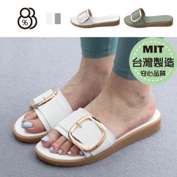 【88%】MIT台灣製 3cm拖鞋 優雅氣質金屬飾釦 皮革厚底圓頭涼拖鞋
