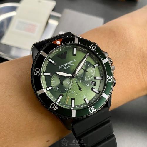 ARMANI 阿曼尼男錶 42mm 墨綠色圓形精鋼錶殼 墨綠色三眼, 潛水錶, 中三針顯示, 運動錶面款 AR00013