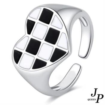 【Jpqueen】黑白愛心幾何滴油寬版開口彈性戒指(銀色)