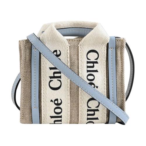 CHLOE Woody Nano 經典織帶帆布超迷你兩用包.米/藍邊