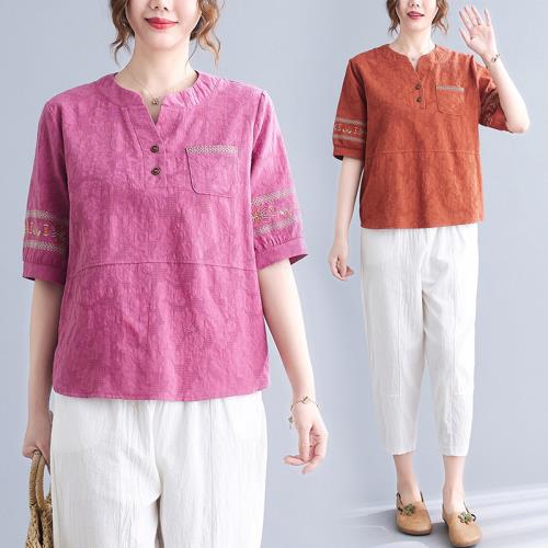 麗莎熊 LisaBear 大尺碼夏季小Ｖ領提花棉麻壓紋側口袋手臂繡花上衣 L~4XL 四色可選