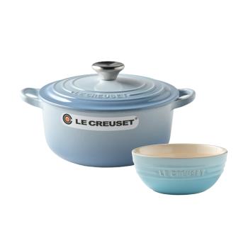 Le Creuset 圓形琺瑯鑄鐵鍋 20cm 2.4L 海岸藍 法國製+韓式湯碗 水漾藍