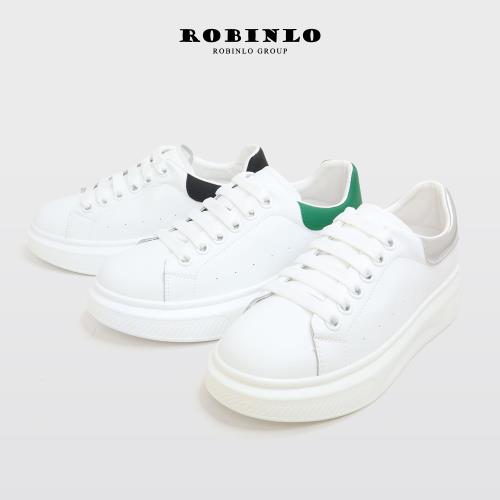 Robinlo激瘦簡約全真牛皮厚底小白鞋/休閒鞋ERLINA-自信黑/摩登綠/雪白銀