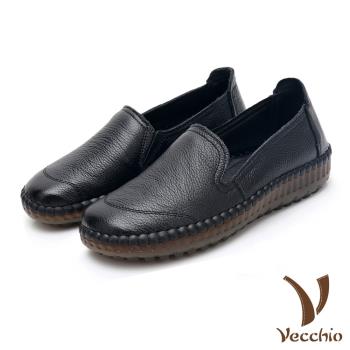【VECCHIO】樂福鞋 真皮樂福鞋/真皮頭層牛皮復古手工縫線舒適軟底樂福鞋 黑