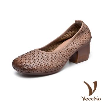 【VECCHIO】跟鞋 粗跟鞋/真皮頭層牛皮時尚編織復古氣質百搭粗跟鞋 卡其