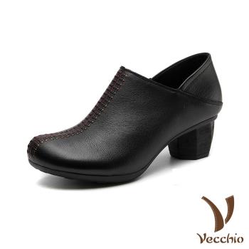 【VECCHIO】跟鞋 粗跟鞋/真皮頭層牛皮復古寬楦縫線造型舒適深口粗跟鞋 黑