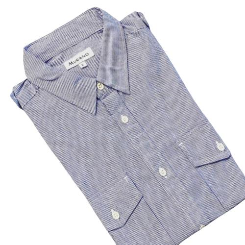 [MURANO]雙口袋水洗七分袖襯衫-淺藍條紋