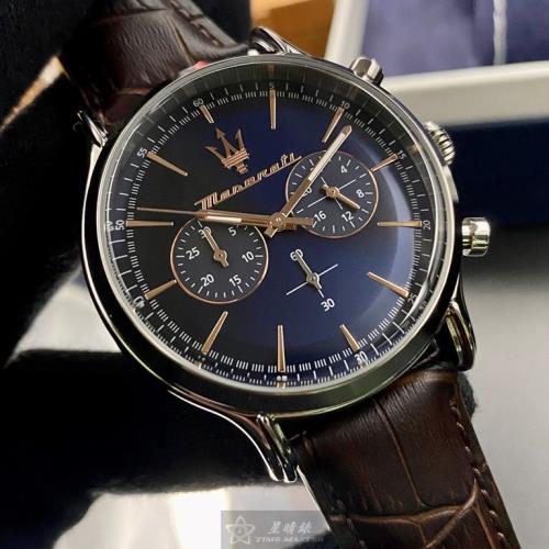 MASERATI 瑪莎拉蒂男女通用錶 42mm 銀圓形精鋼錶殼 寶藍色簡約三眼中三針顯示精密刻度錶面款 R8871618014
