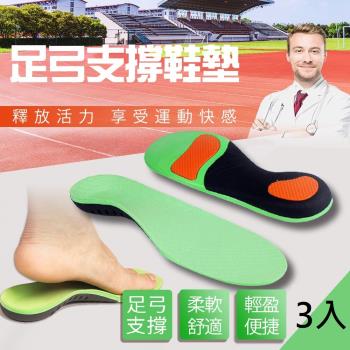 【東谷鞋廠】機能運動足弓鞋墊 3入組(鞋墊 足弓鞋墊 足底筋膜炎 減壓鞋墊 扁平足 加厚鞋墊 減震 增高 防臭)