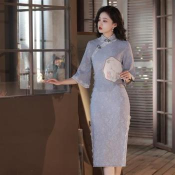【米蘭精品】連身裙改良式旗袍-五分袖提花蕾絲鑲邊女裙子3色74cn5
