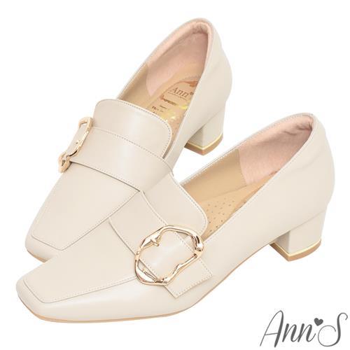 Ann’S超柔軟綿羊皮-達利軟時鐘金屬顯瘦小方頭低跟樂福鞋-4cm-米白