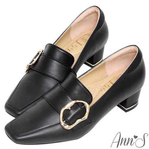 Ann’S超柔軟綿羊皮-達利軟時鐘金屬顯瘦小方頭低跟樂福鞋-4cm-黑