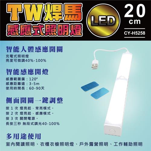 【TW焊馬】H5258 LED智能 人體 感應 開關 充電式20cm照明燈(露營燈120°照明)                  