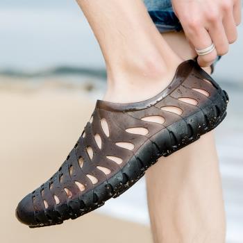 男士洞洞鞋軟底防滑大網眼鏤空涼鞋夏季一腳蹬男鞋涉水溯溪沙灘鞋