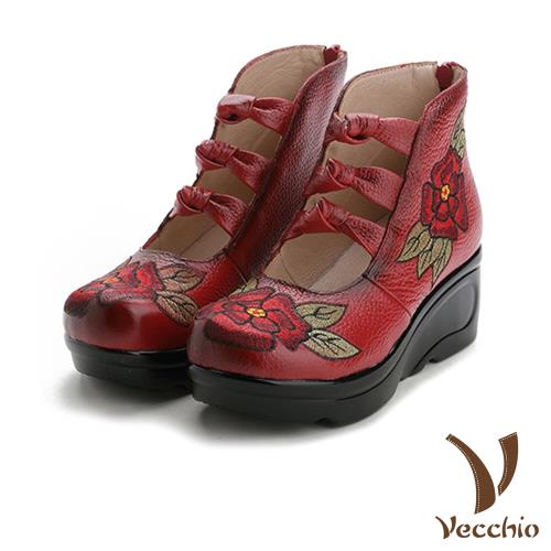 【VECCHIO】厚底鞋 真皮厚底鞋/真皮手工花朵刺繡復古單結坡跟厚底鞋 紅