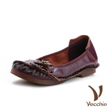 【VECCHIO】低跟鞋 低跟單鞋/真皮頭層牛皮手工立體花朵低跟舒適單鞋 酒紅