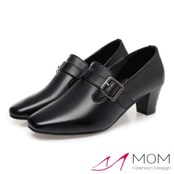 【MOM】跟鞋 粗跟鞋/真皮細緻牛皮小方頭深口皮帶釦造型復古粗跟鞋 黑