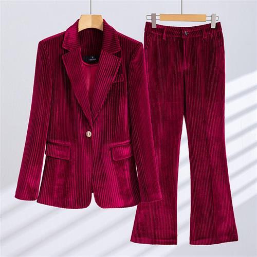 【米蘭精品】西裝套裝兩件套-金絲絨條紋外套長褲女西服4色74ct18