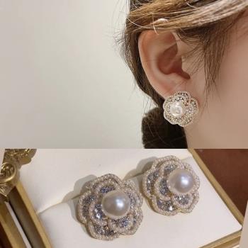 【Emi艾迷】韓系華麗復古玫瑰花珍珠寶石925銀針耳環