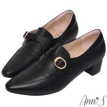 Ann’S手工製作頂級綿羊皮氣質金扣低跟踝靴-黑