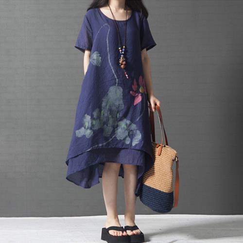 2022夏新款大碼女裝文藝復古棉麻印花連衣裙寬松假兩件短袖A字裙