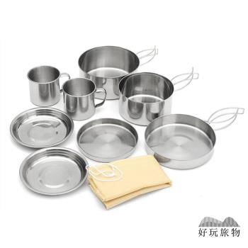 【好玩旅物】戶外露營野炊304不鏽鋼折疊收納圓形碗盤餐具8件套(附收納袋) 登山野營烹飪摺疊 不銹鋼鍋盤鍋碗組