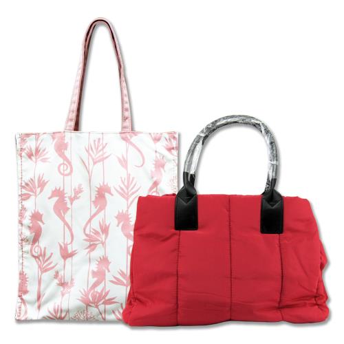 【CLARINS 克蘭詩】法式紅蕾輕羽絨手提包 + 好嗨海馬托特包