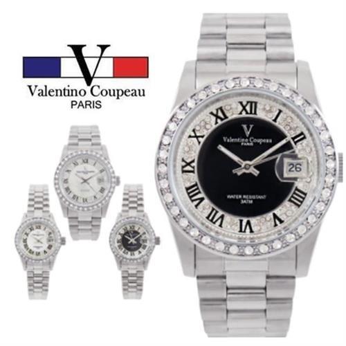 【Valentino Coupeau】奢華雙圈晶鑽羅馬數字不鏽鋼男女款手錶 范倫鐵諾 古柏