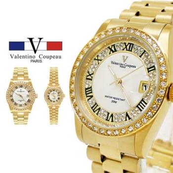【Valentino Coupeau】晶鑽羅馬數字全金不鏽鋼殼帶男女款手錶 范倫鐵諾 古柏