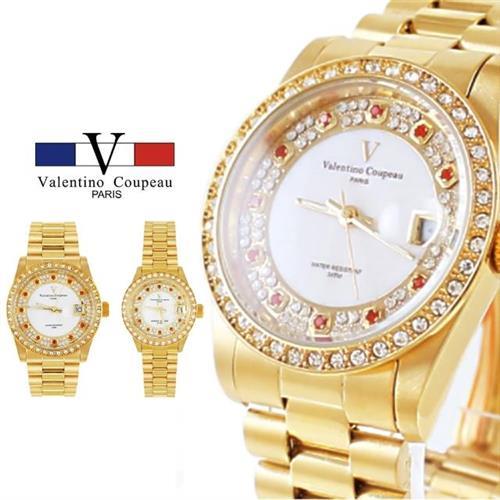 【Valentino Coupeau】雅緻橘紅鑽白貝面全金不鏽鋼殼帶男女腕錶 范倫鐵諾 古柏