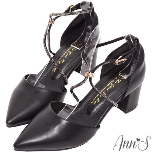 AnnS腳背X鑽石條粗跟尖頭鞋-5.5cm-黑