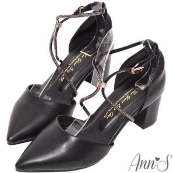 Ann’S腳背X鑽石條粗跟尖頭鞋-5.5cm-黑