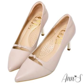 Ann’S氣質融合-綿羊皮造型單結尖頭電鍍直跟鞋-粉