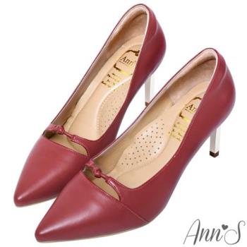 Ann’S氣質融合-綿羊皮造型單結尖頭電鍍直跟鞋-紅