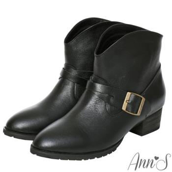 Ann’S美式風格-古銅釦V口顯瘦牛皮全真皮粗跟西部短靴4cm-黑(版型偏小)